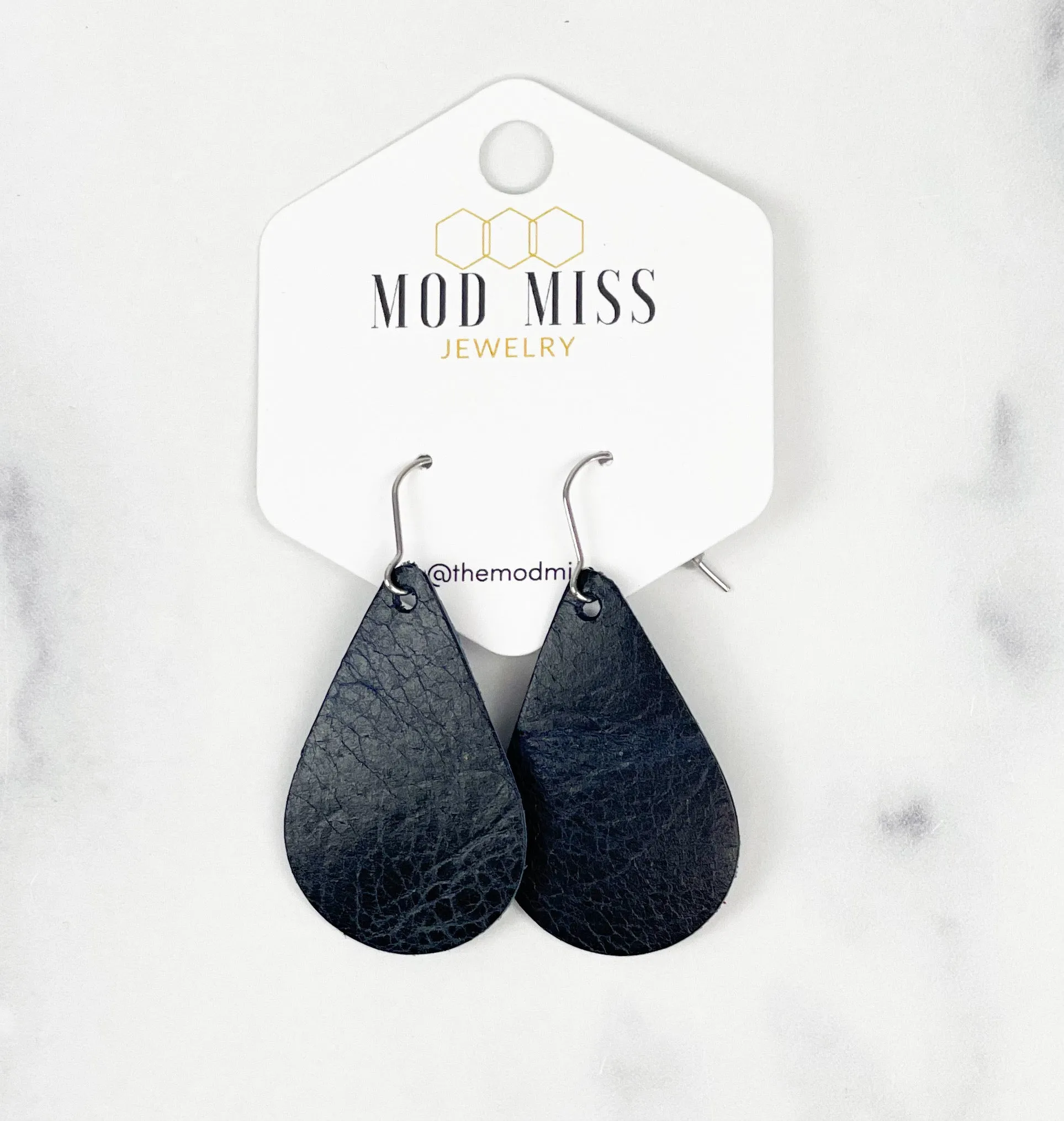 Leather Teardrop Earring Worn Black