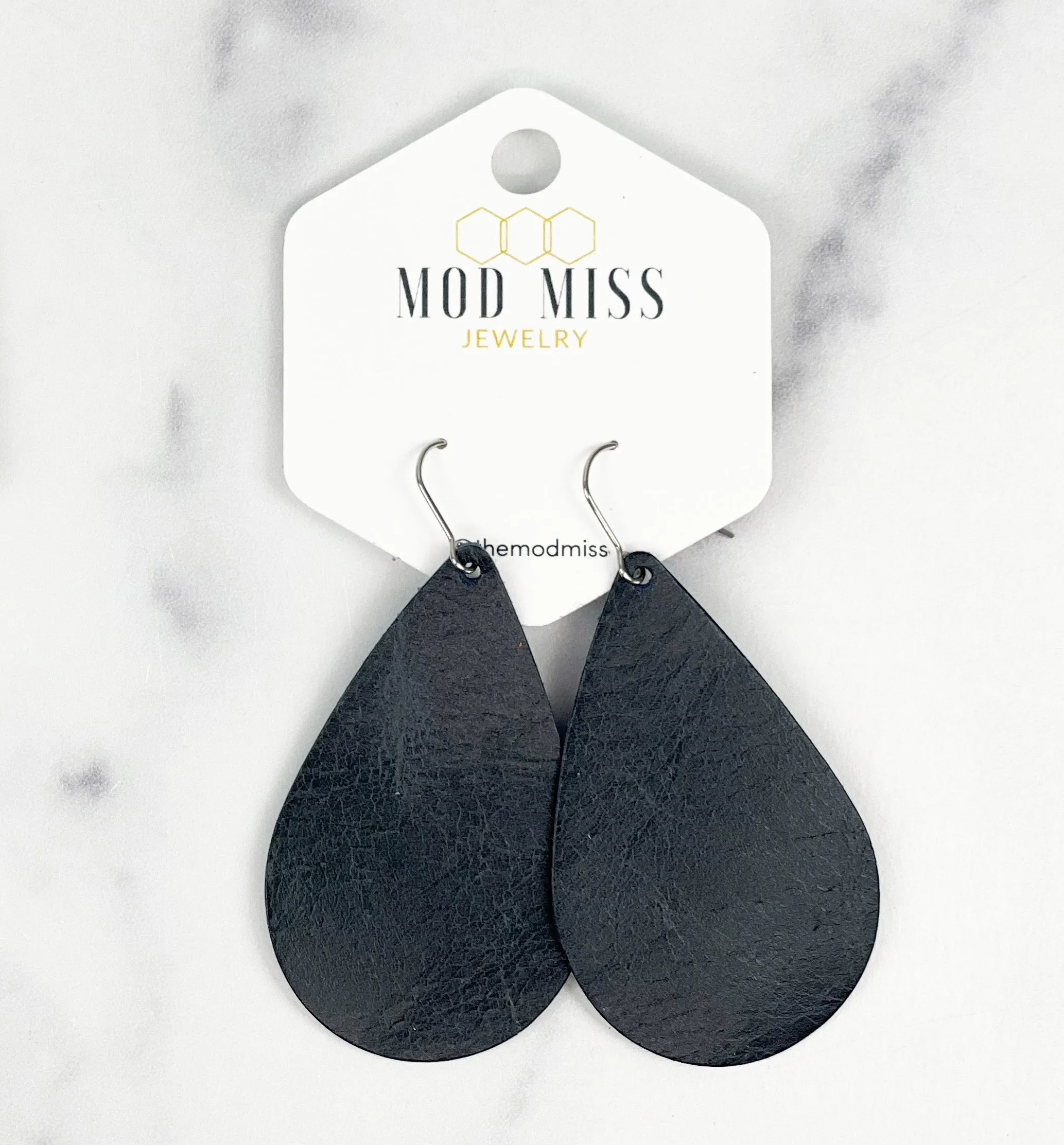 Leather Teardrop Earring Worn Black