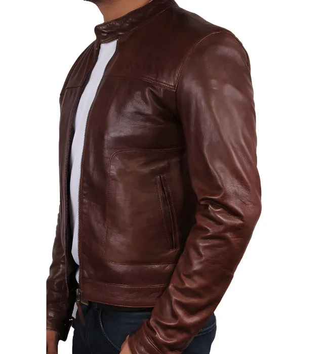 Mens brown slim fit biker vintage cafe racer leather jacket