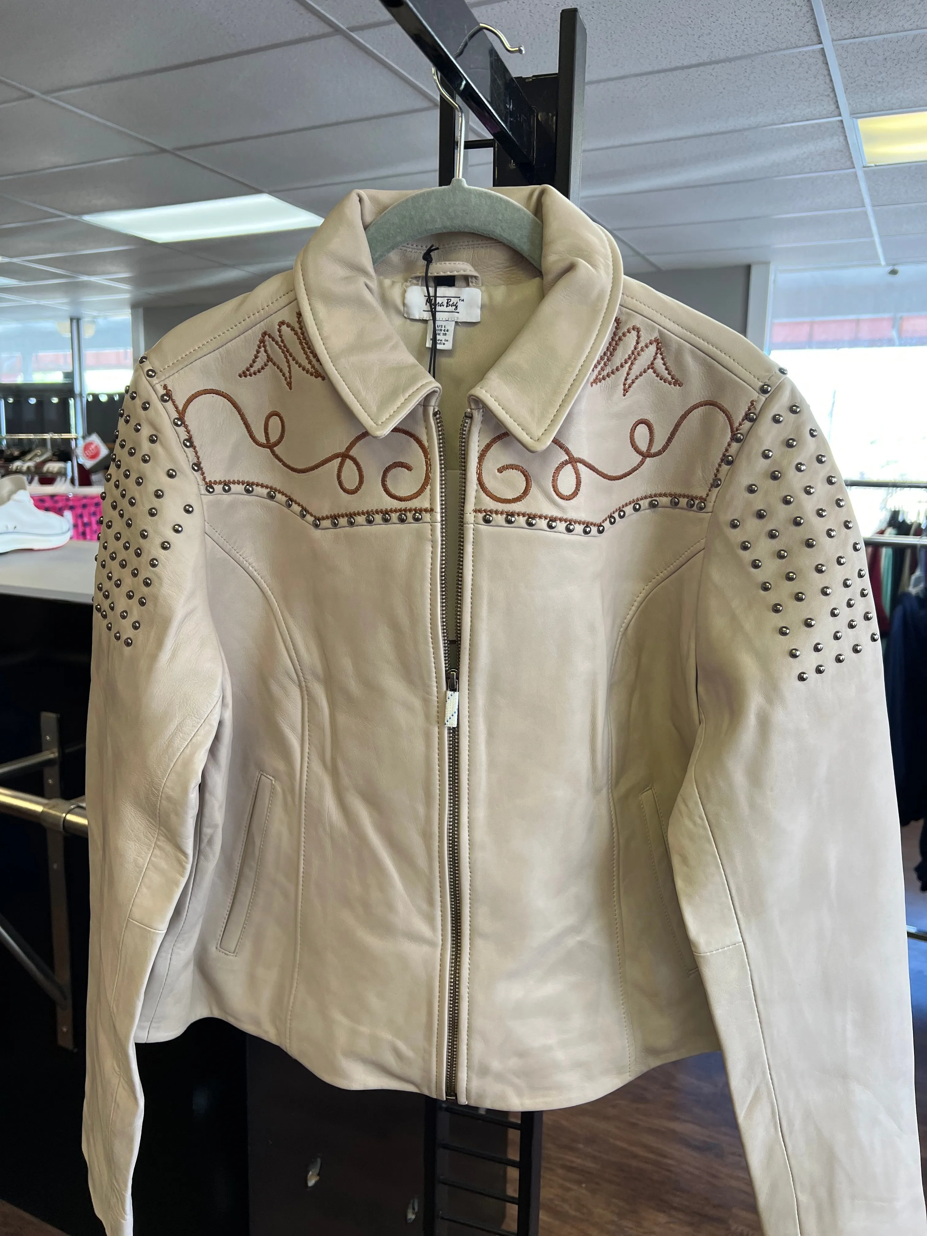 Myra Bag Beige Embroidered Studded LEATHER JACKET Size L