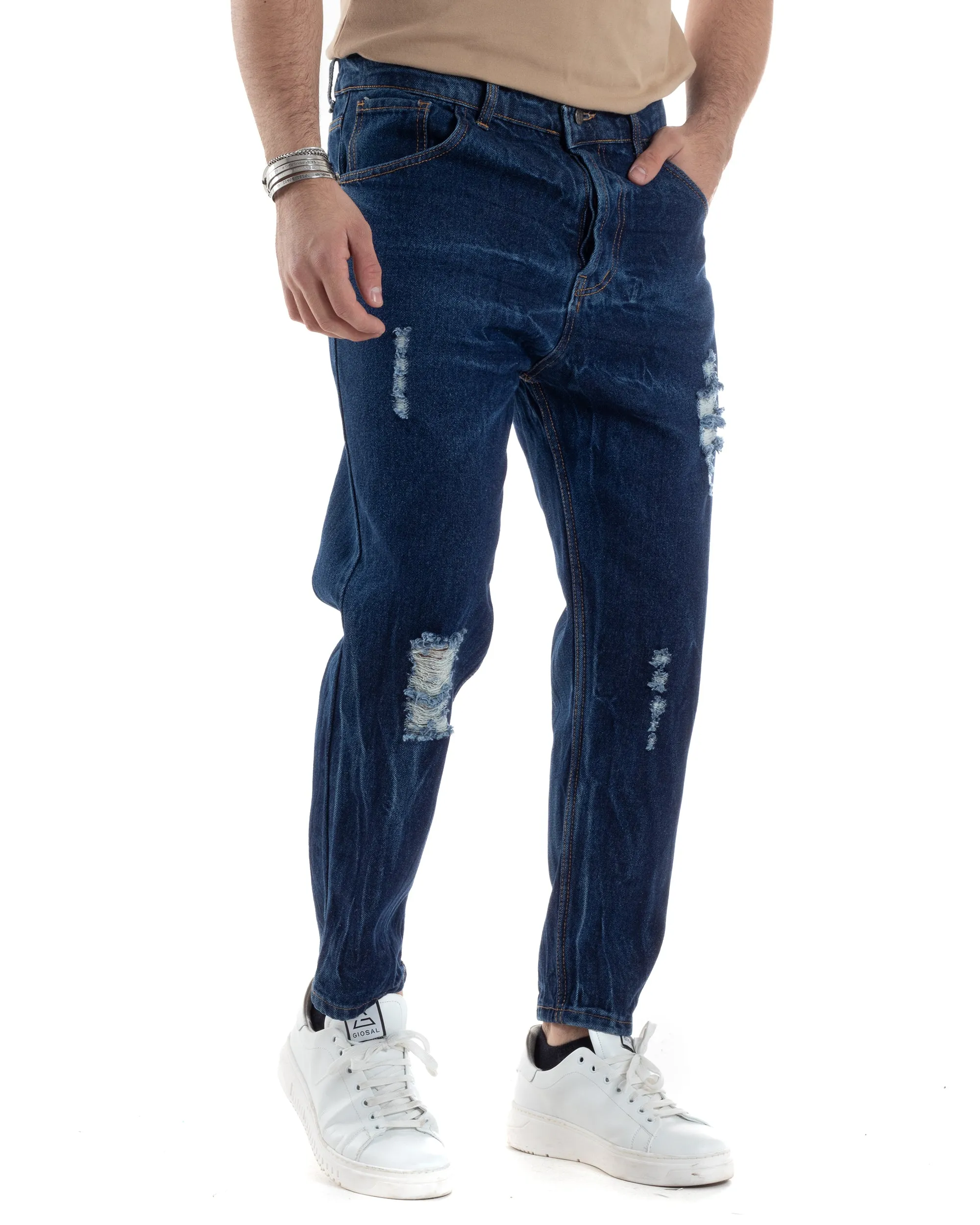 Pantaloni Jeans Uomo Loose Fit Denim Scuro Con Rotture Cinque Tasche GIOSAL-JS1034A