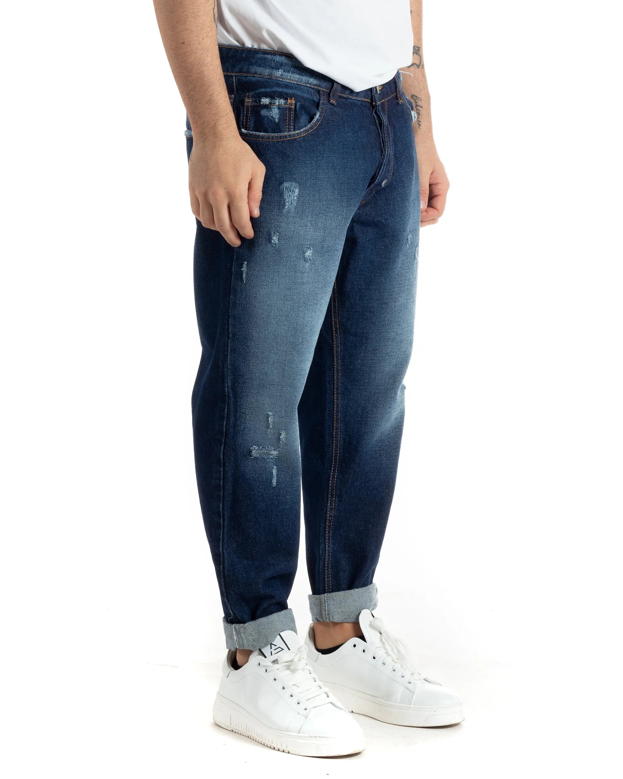 Pantaloni Jeans Uomo Loose Fit Denim Scuro Con Rotture Stonewashed GIOSAL-JS1001A