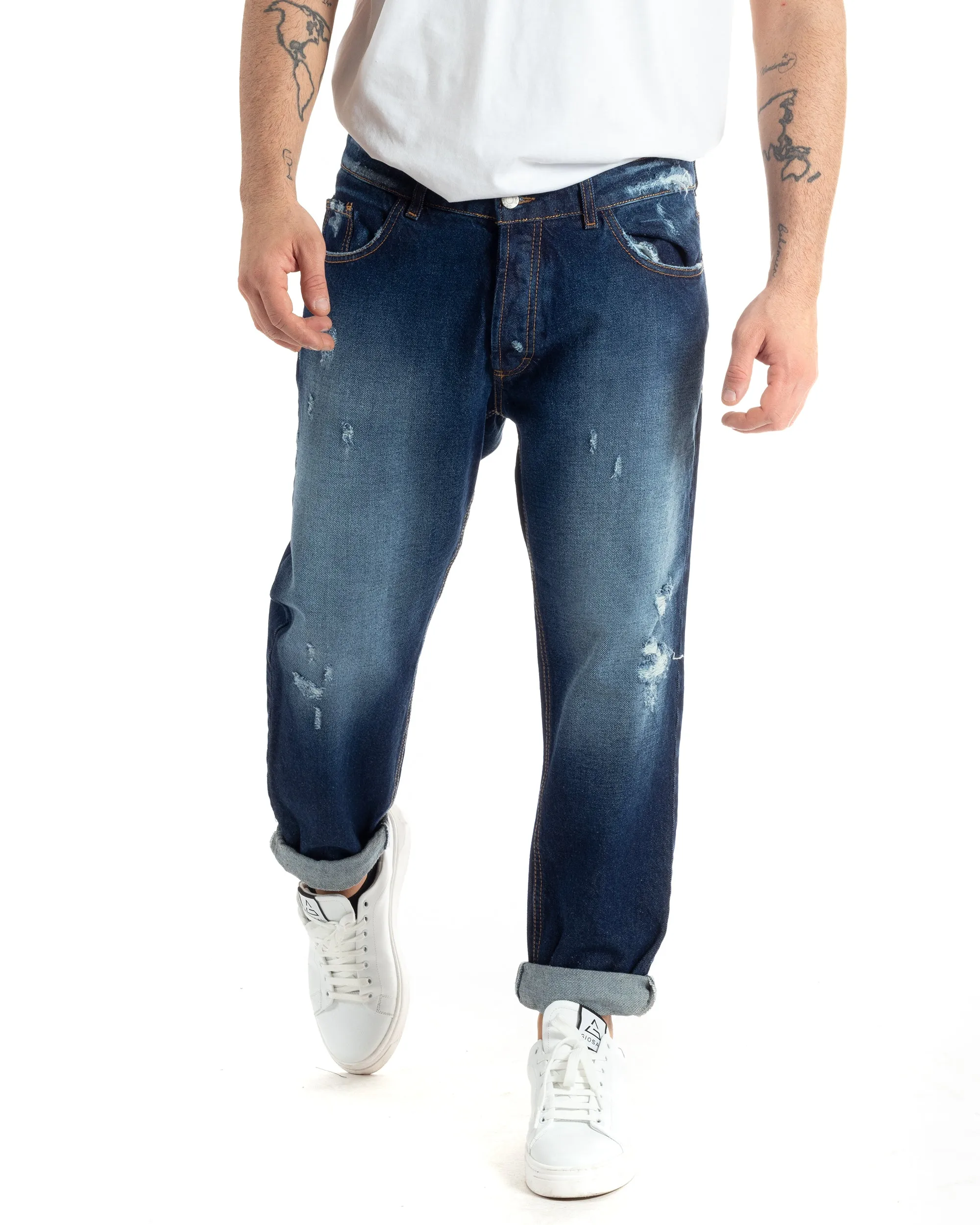 Pantaloni Jeans Uomo Loose Fit Denim Scuro Con Rotture Stonewashed GIOSAL-JS1001A