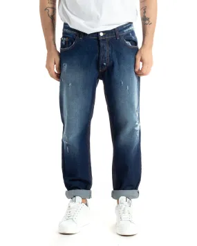 Pantaloni Jeans Uomo Loose Fit Denim Scuro Con Rotture Stonewashed GIOSAL-JS1001A