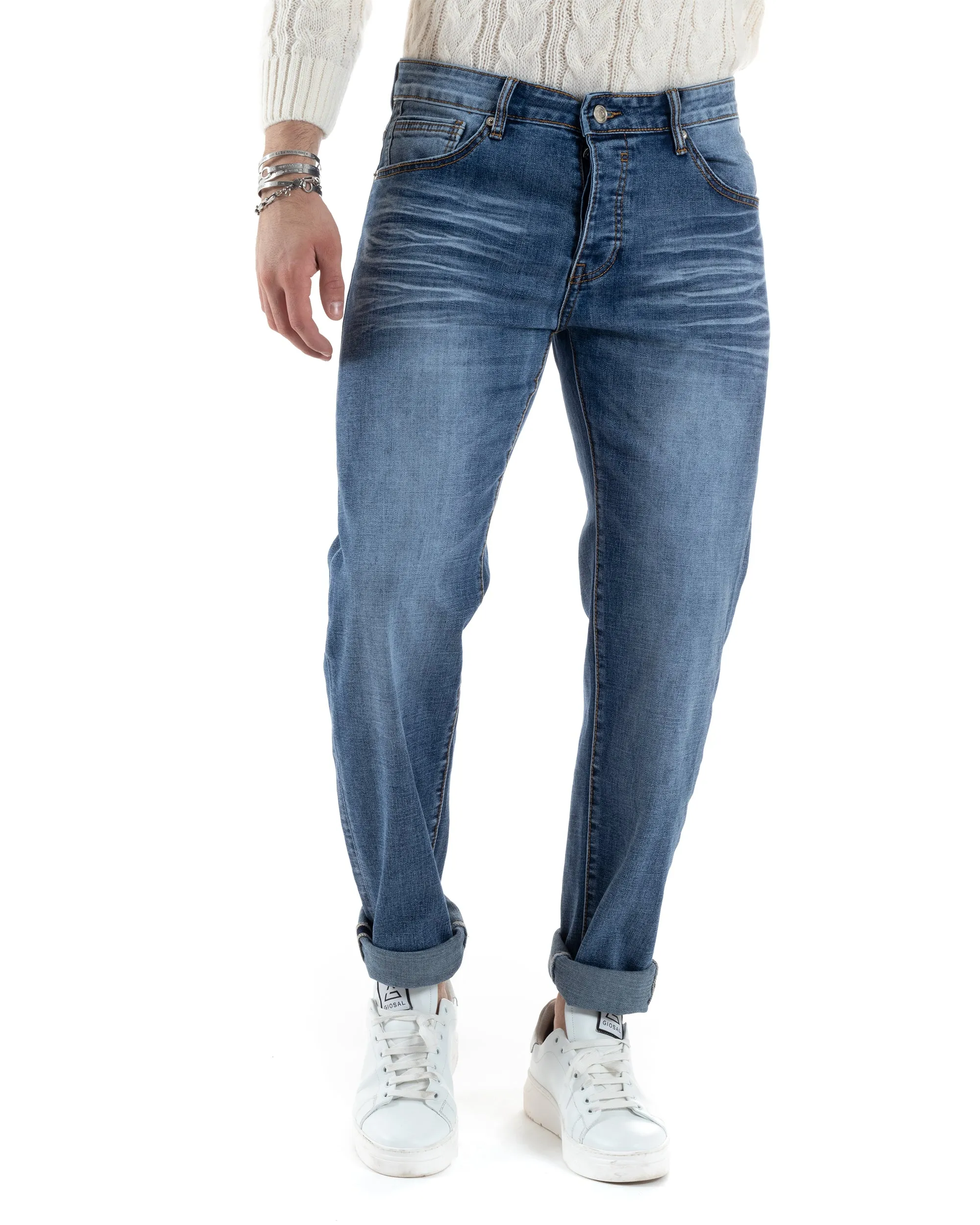 Pantaloni Uomo Jeans Cinque Tasche Slim Fit Basic Blu Denim Stone Washed GIOSAL-JS1006A