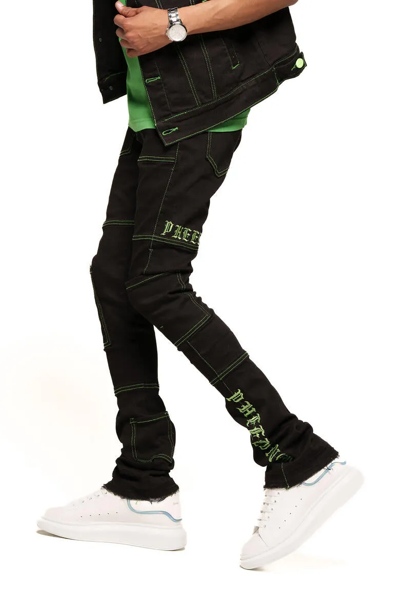 PHEELINGS DEFYING ODDS FLARE STACK DENIM (JET BLACK/LIME GREEN)