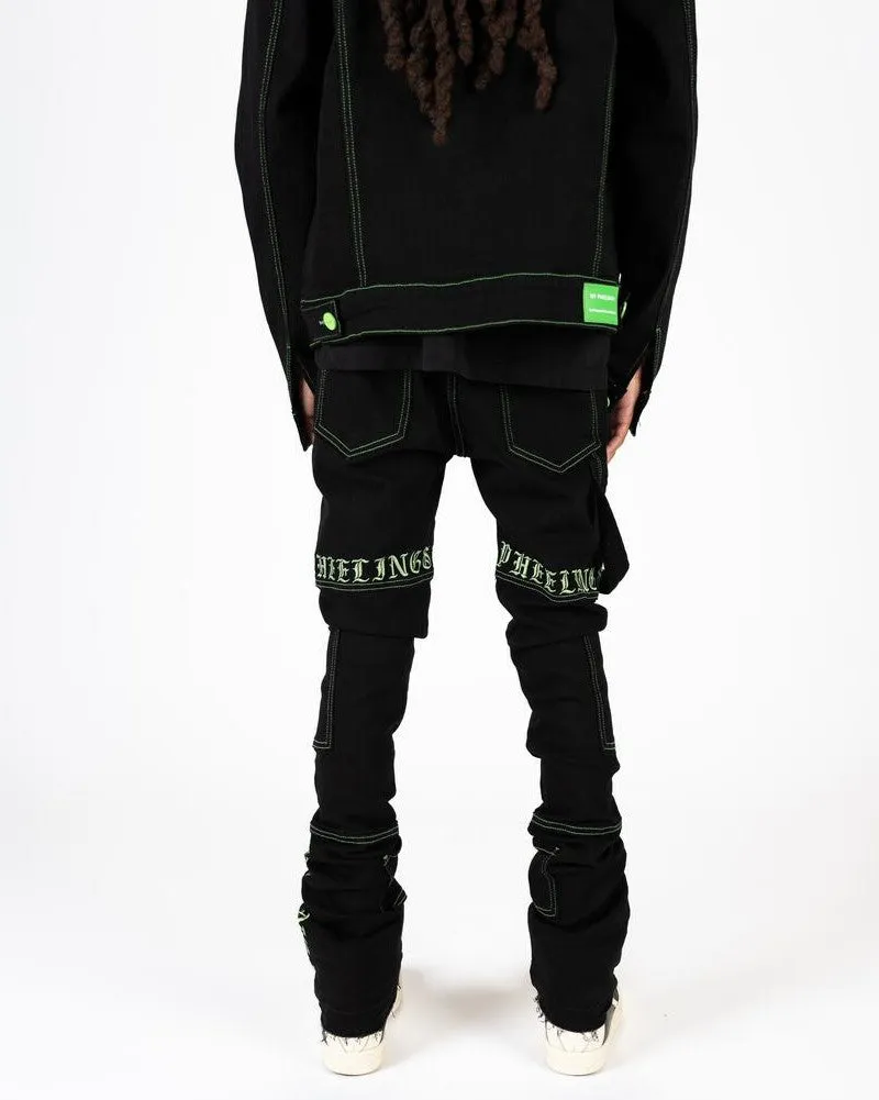 PHEELINGS DEFYING ODDS FLARE STACK DENIM (JET BLACK/LIME GREEN)