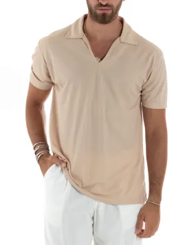 Polo Mezze Maniche Uomo Basic Scollo A V T-Shirt Con Colletto Tinta Unita Beige GIOSAL-TS3070A