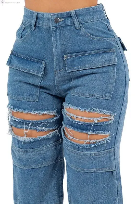 Straigh Leg Jeans Cargo Ripped