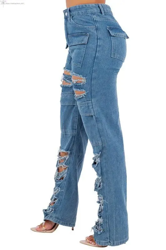 Straigh Leg Jeans Cargo Ripped