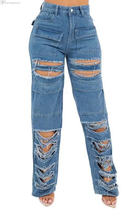 Straigh Leg Jeans Cargo Ripped