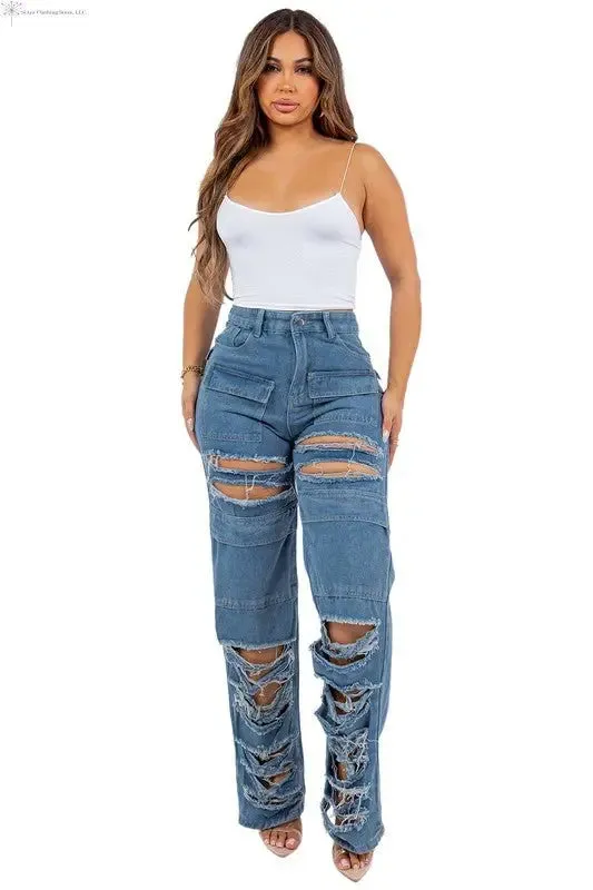 Straigh Leg Jeans Cargo Ripped