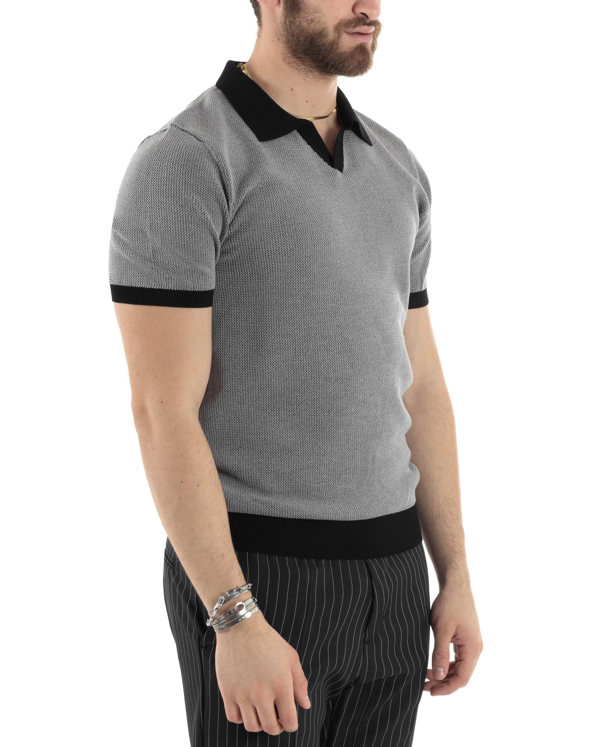 T-Shirt Uomo Maglia In Filo Maglia Con Colletto Polo Scollo V Casual Basic Nero GIOSAL-TS2985A