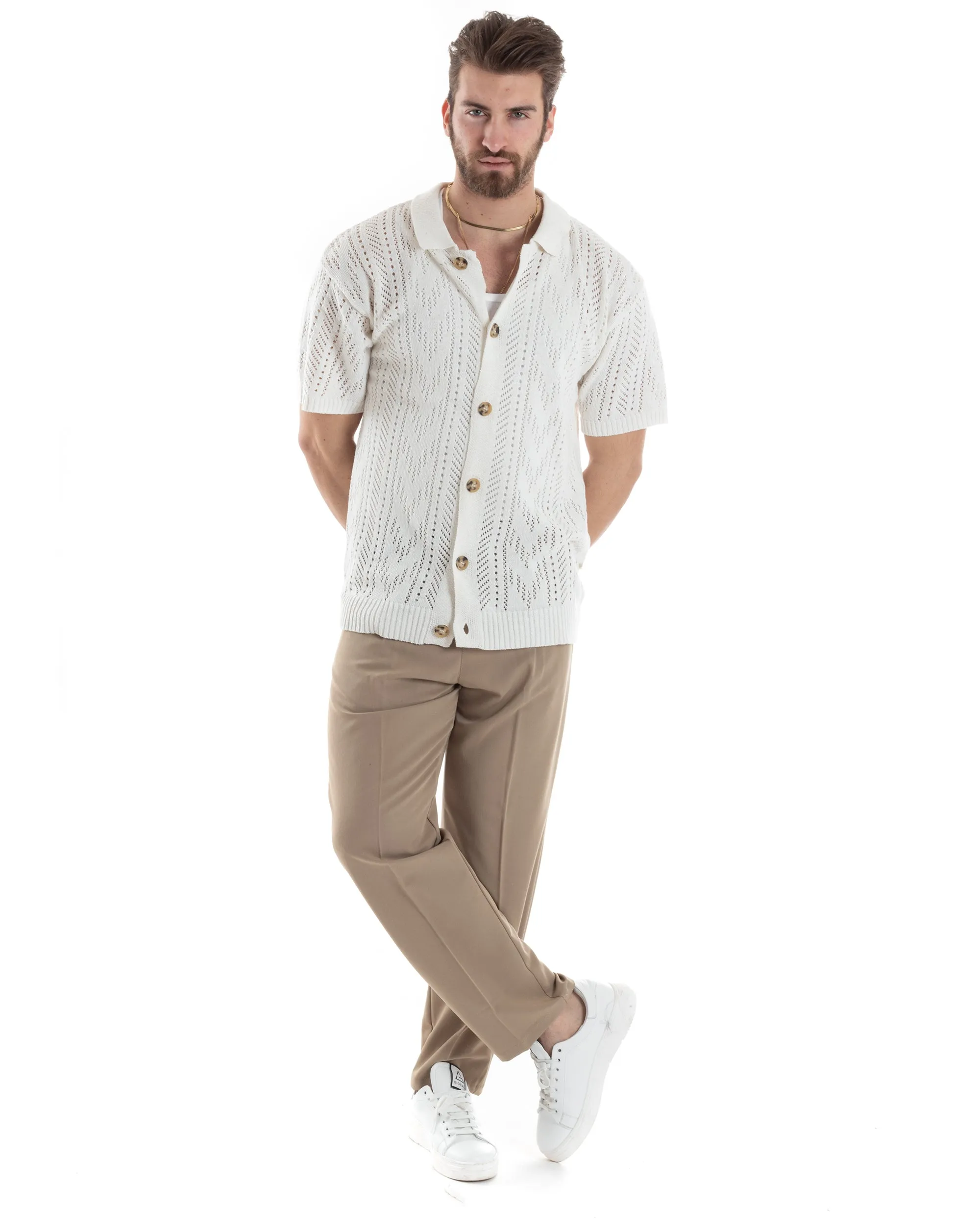 T-shirt Uomo Maglia Polo Traforata Ricamata Cardigan Manica Corta Con Bottoni Bianca Casual GIOSAL-TS2995A