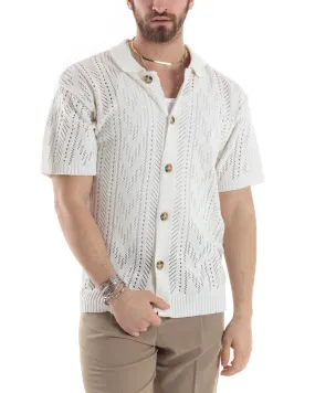 T-shirt Uomo Maglia Polo Traforata Ricamata Cardigan Manica Corta Con Bottoni Bianca Casual GIOSAL-TS2995A