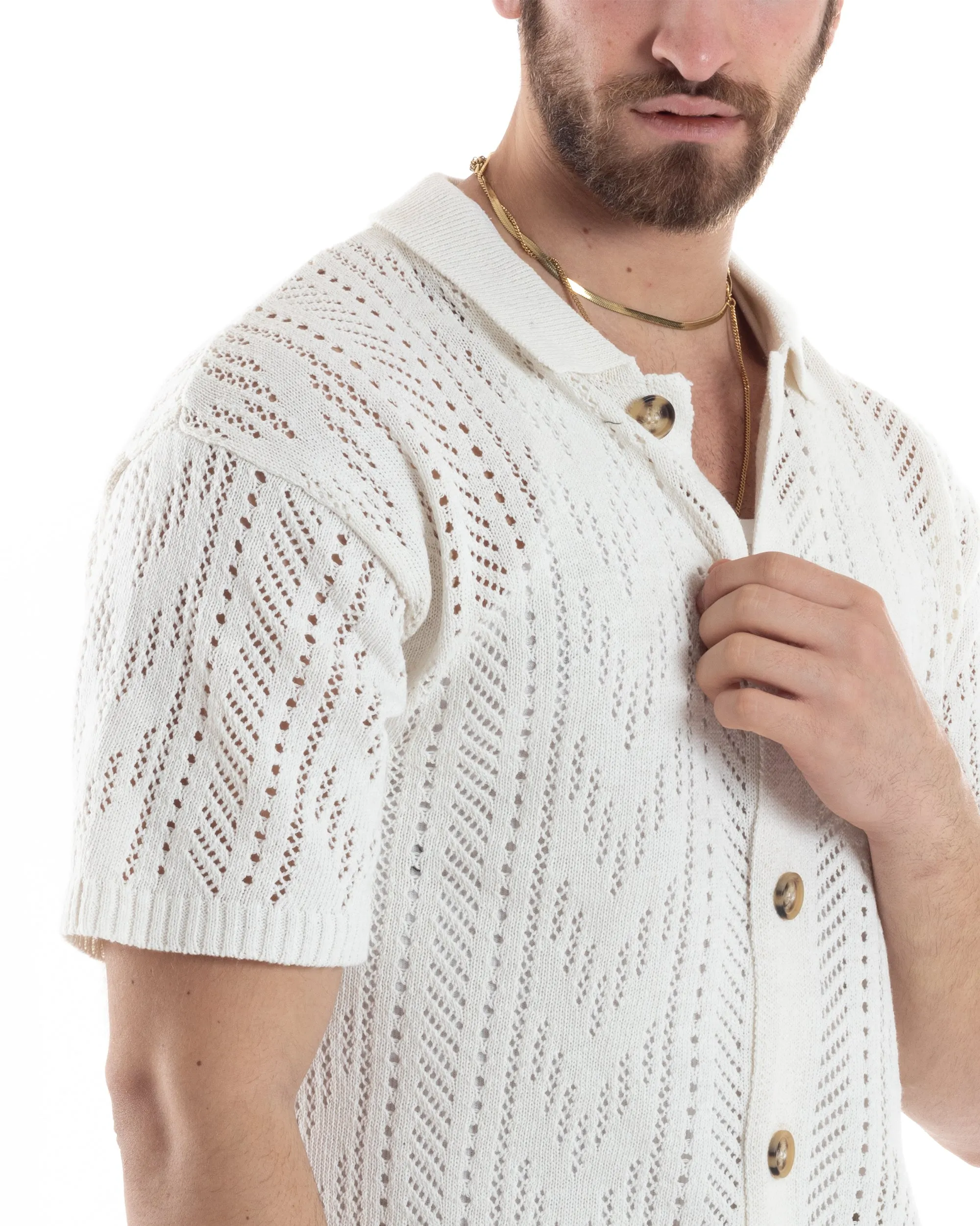 T-shirt Uomo Maglia Polo Traforata Ricamata Cardigan Manica Corta Con Bottoni Bianca Casual GIOSAL-TS2995A