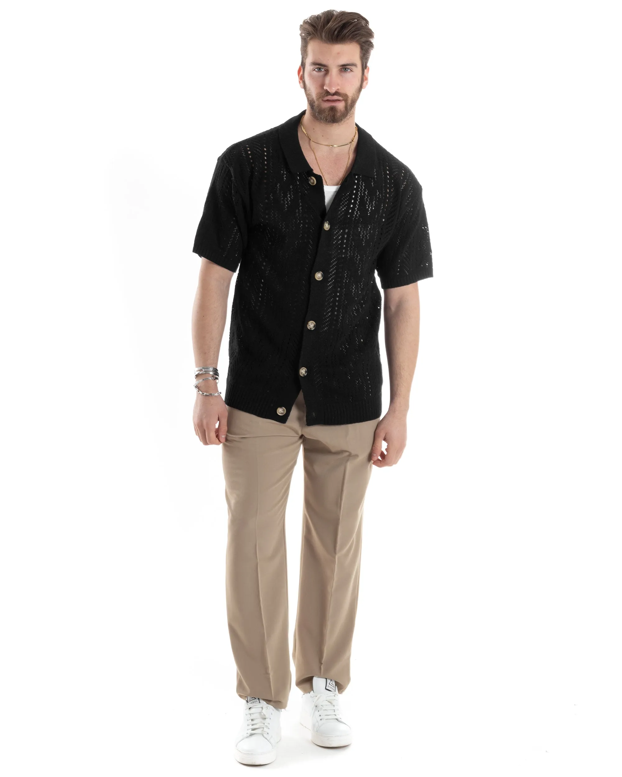 T-shirt Uomo Maglia Polo Traforata Ricamata Cardigan Manica Corta Con Bottoni Nero Casual GIOSAL-TS2996A