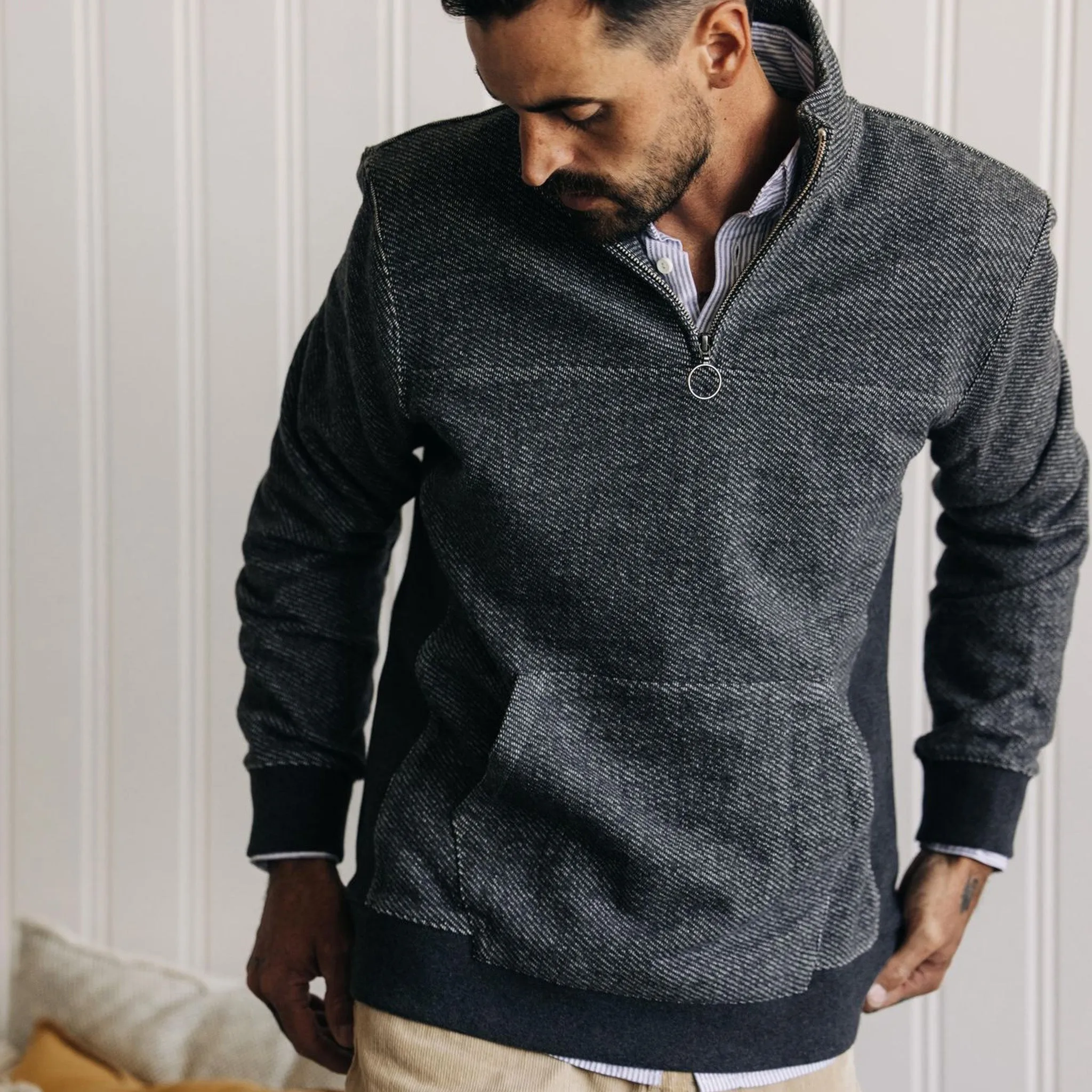 The Briggs Pullover in Coal French Terry Twill Knit