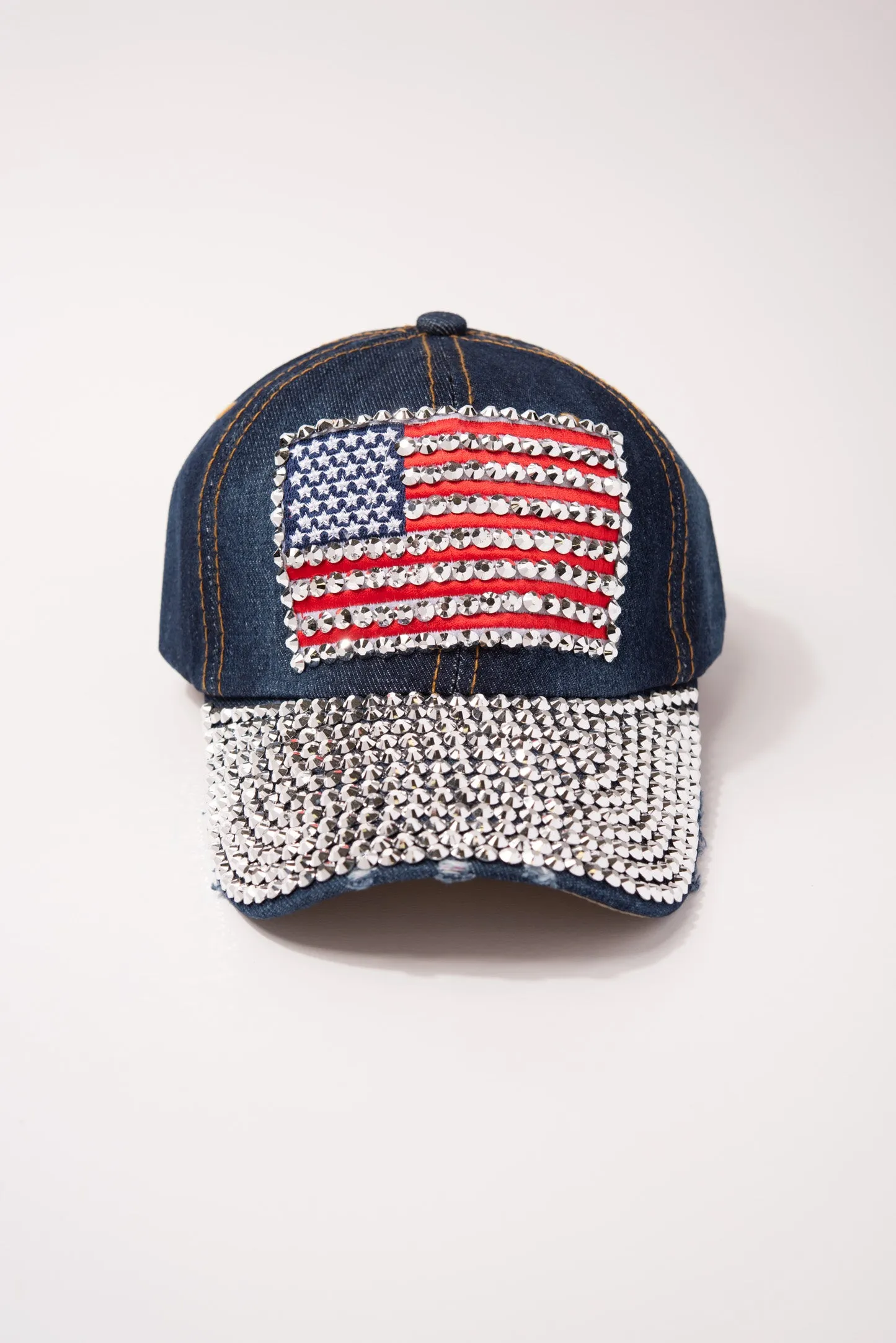 USA Flag Denim Cap with Full Rhinestone Brim