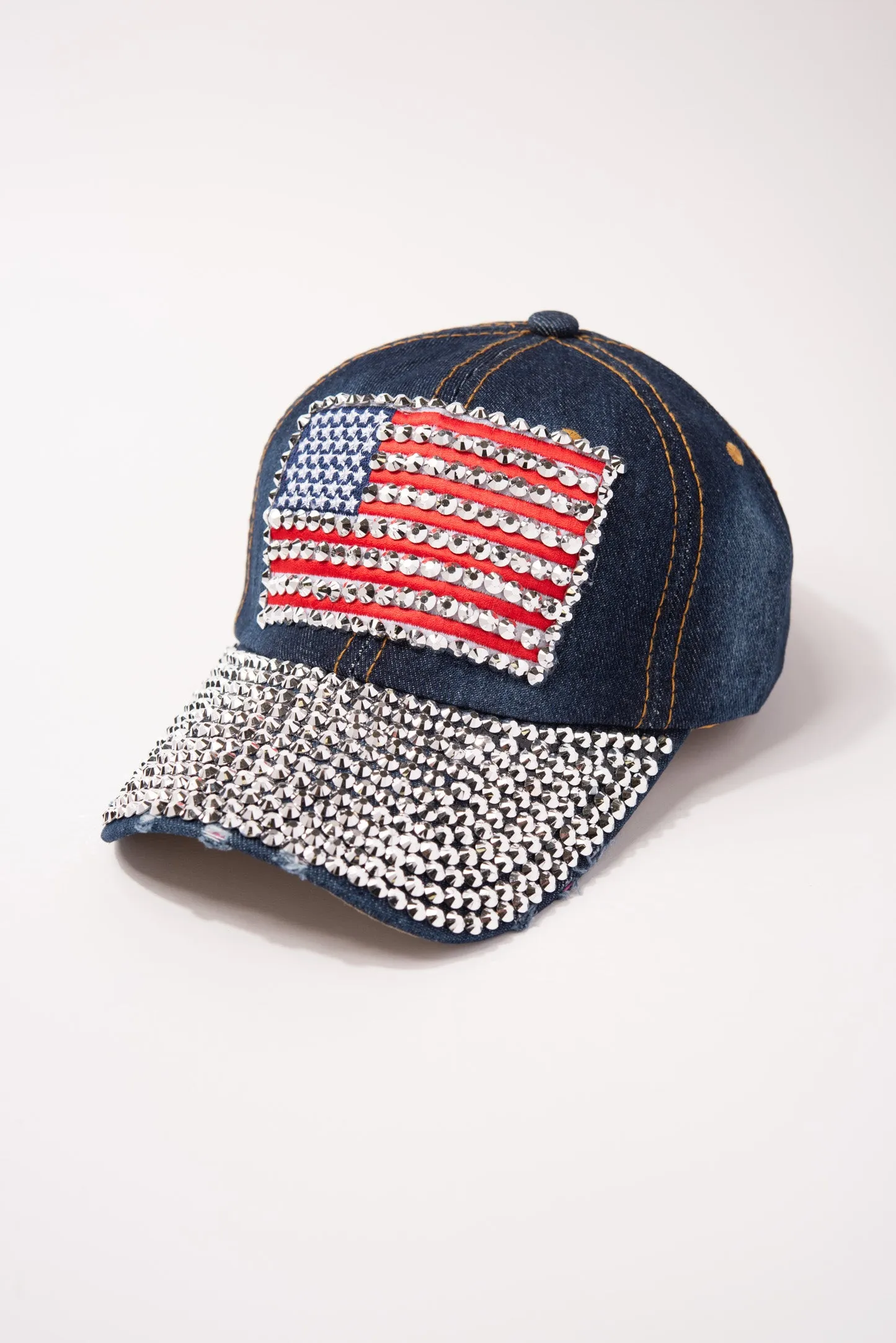 USA Flag Denim Cap with Full Rhinestone Brim